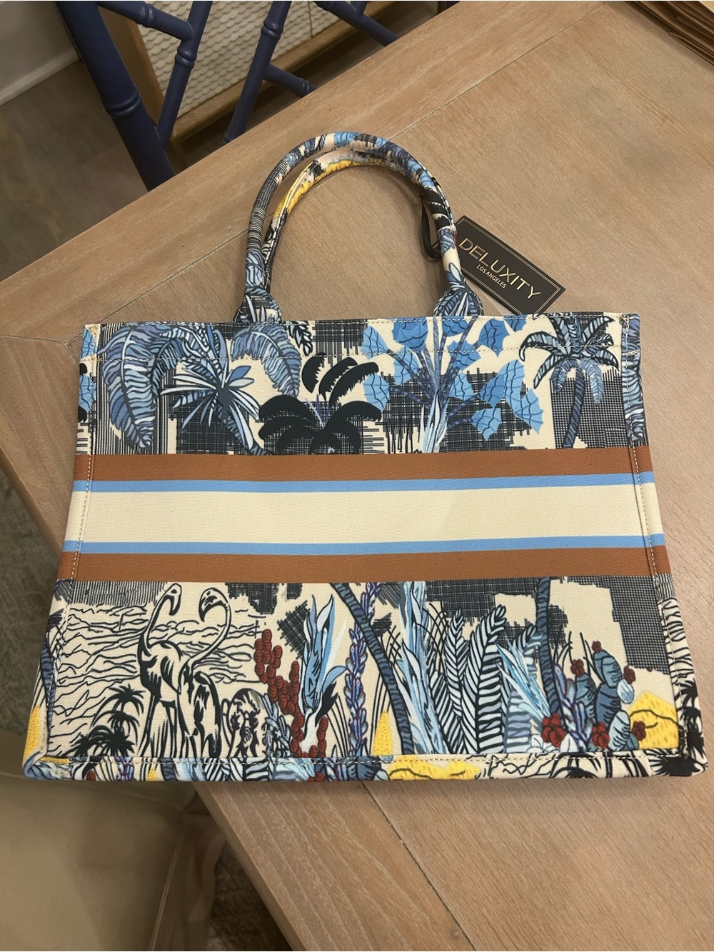 Blue Floral Canvas Tote Bag with Brown Trim